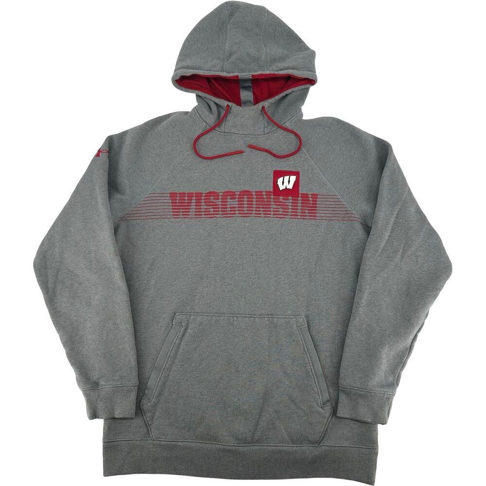 Men's Grey Red Under Armour Wisconsin Badgers Mock Neck Hoodie Sweatshirt Sz M
